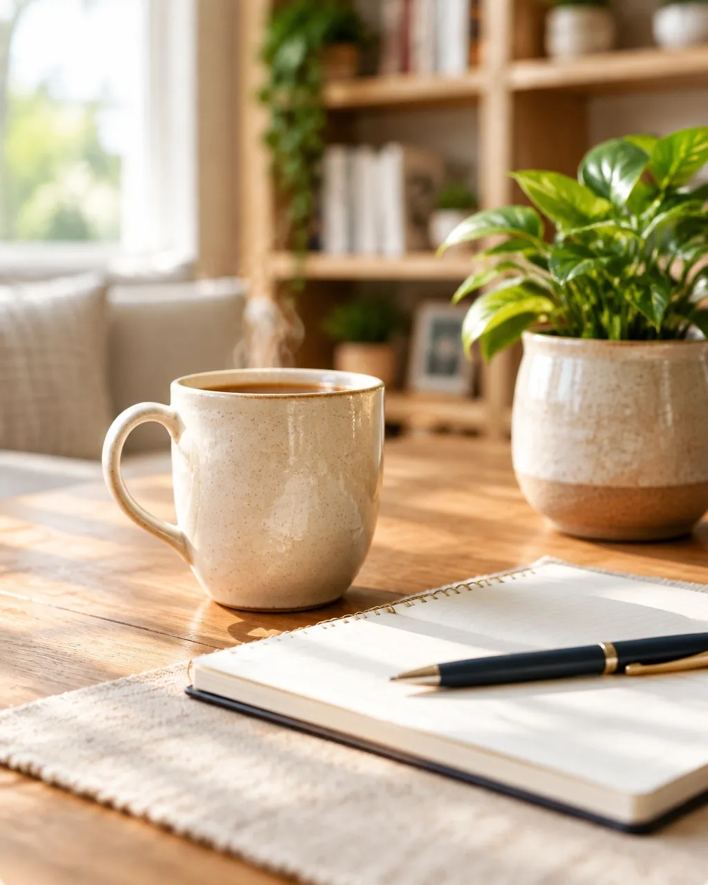 Notebook and pen beside a cup of coffee