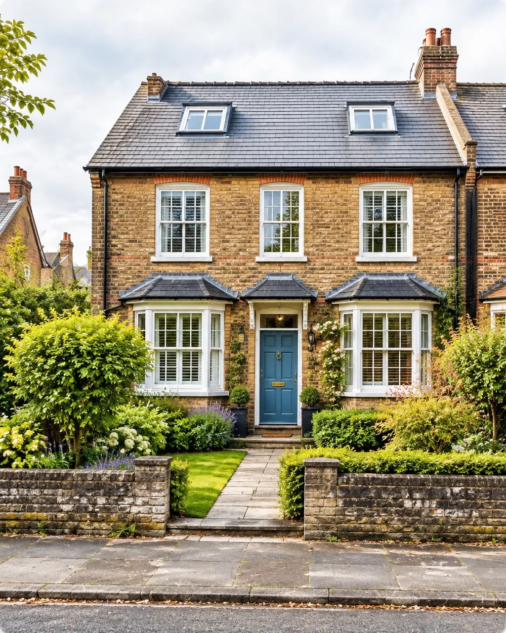 Brick townhouse with a welcoming front garden